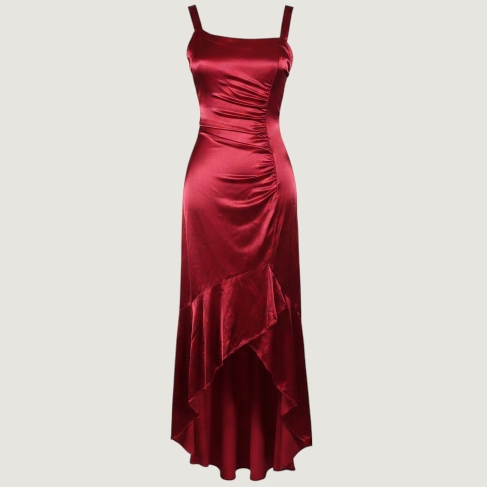 Debut Y2K Satin High Low Gown Dress Women Size S Ruched Side Ruffle Hem Red READ